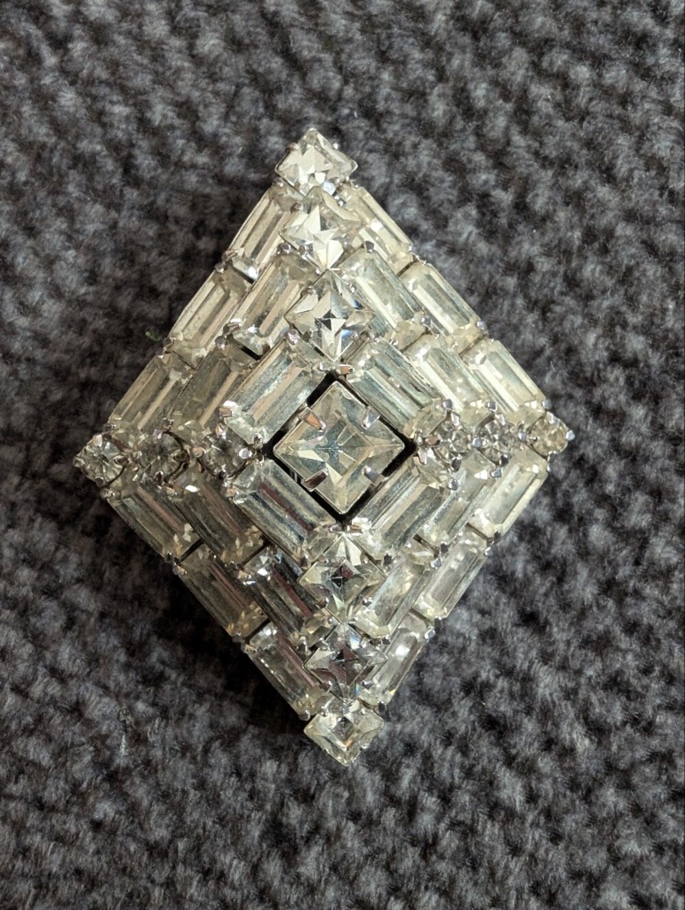 Vintage Joseph Warner tiered rhinestone brooch Crystal Silver